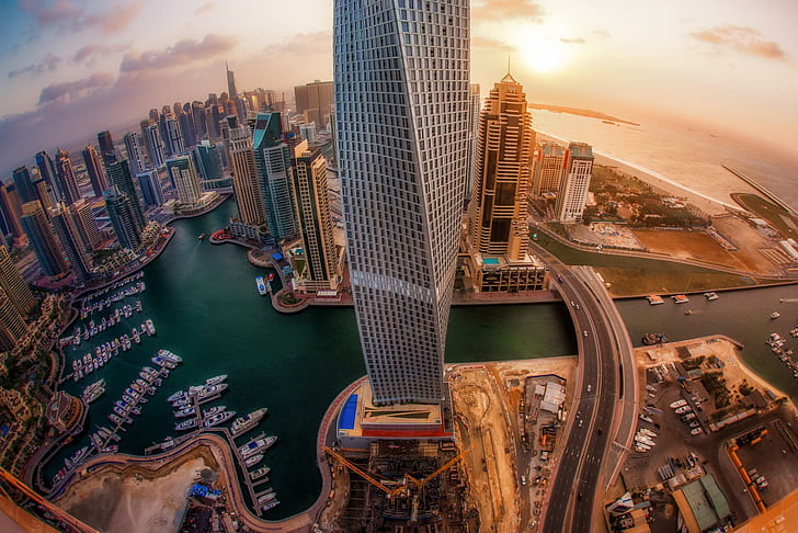 Émirats arabes unis, gratte-ciels, vue de dessus, lever du soleil, ville, Dubaï, Émirats arabes unis, gratte-ciels, vue de dessus, lever du soleil, ville, Dubaï, Fond d'écran HD