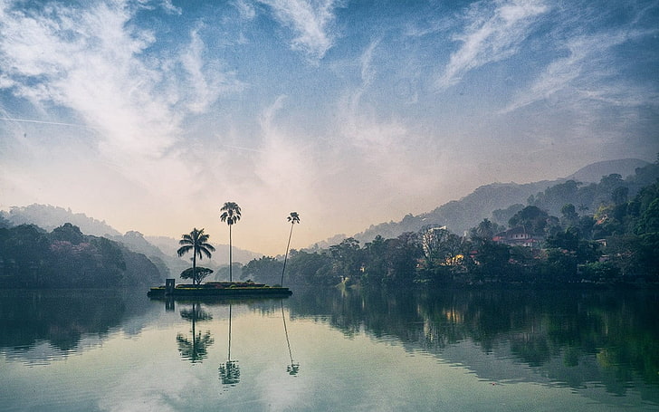 green leafed tree, nature, landscape, lake, island, forest, reflection, village, hills, sunset, palm trees, water, clouds, atmosphere, sky, mist, Sri Lanka, HD wallpaper