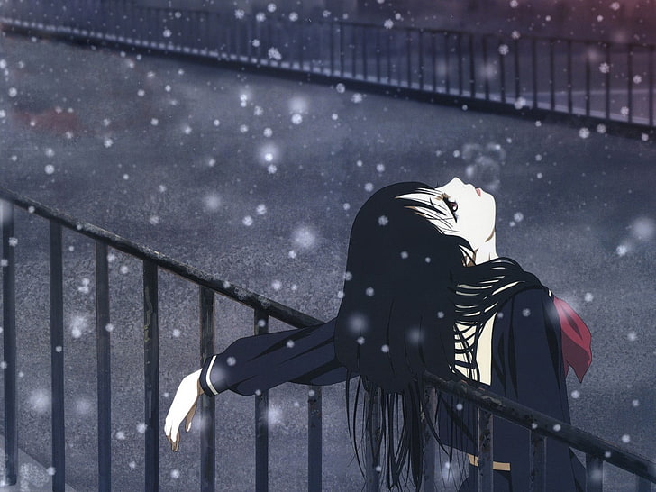 woman leaning on fence wallpaper, school uniform, schoolgirl, anime, anime girls, bridge, snow, winter, depressing, HD wallpaper