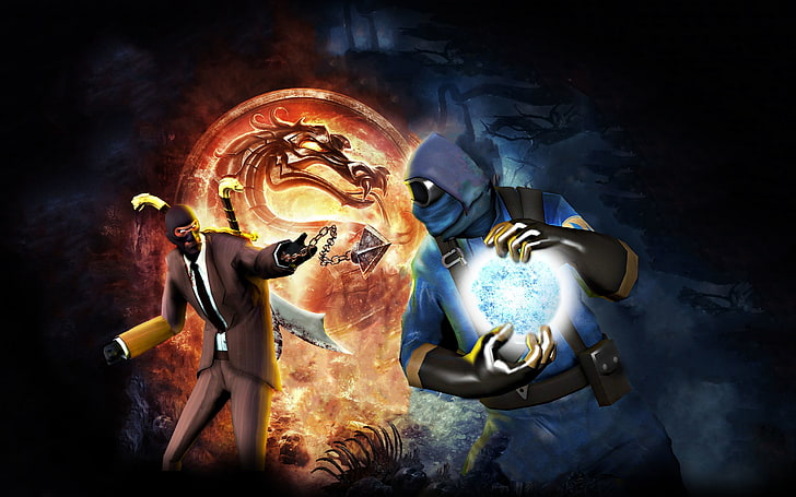 Mortal Kombat wallpaper, spy, pyro, team fortress 2, mortal kombat, team kombat, HD wallpaper