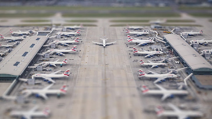 weißes Flugzeuglos, Flughafen, Flugzeug, Neigungsverschiebung, HD-Hintergrundbild