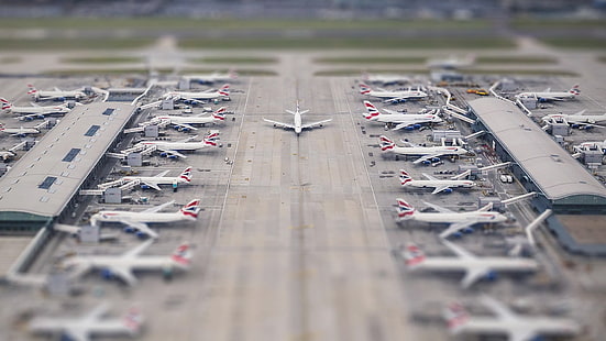 lote de avião branco, aeroporto, avião, mudança de inclinação, HD papel de parede HD wallpaper