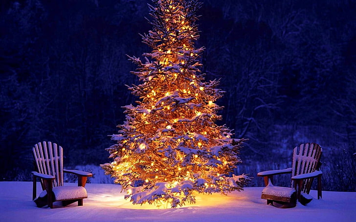 Christmas tree illustration, new year, christmas, christmas tree, decoration, chairs, snow, garland, HD wallpaper
