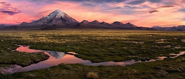 pemandangan alam matahari terbenam panorama pegunungan gurun langit bersalju puncak lahan basah awan dataran tinggi bolivia, Wallpaper HD
