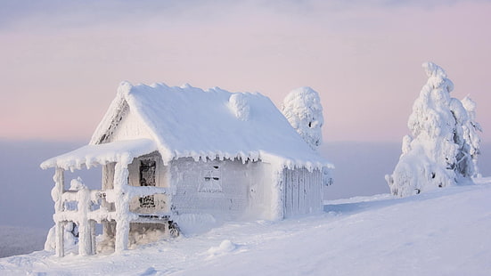 dom z, architektura, natura, krajobraz, drzewa, zima, śnieg, dom, spokój, mróz, drewno, Tapety HD HD wallpaper