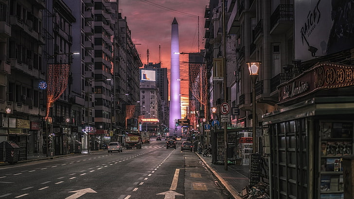 обелиск, улица, градски пейзаж, трафик, път, Аржентина, център, нощ, Буенос Айрес, обелиско, вечер, HD тапет
