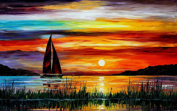 Lukisan indah, sunset sea boat, Indah, Painting, Sunset, Sea, Boat, Wallpaper HD