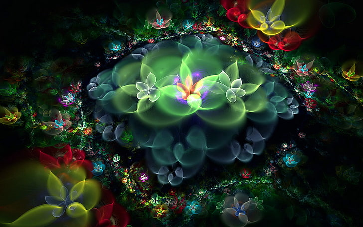 multicolored flowers digital wallpaper, fractal, flowers, background, light, HD wallpaper