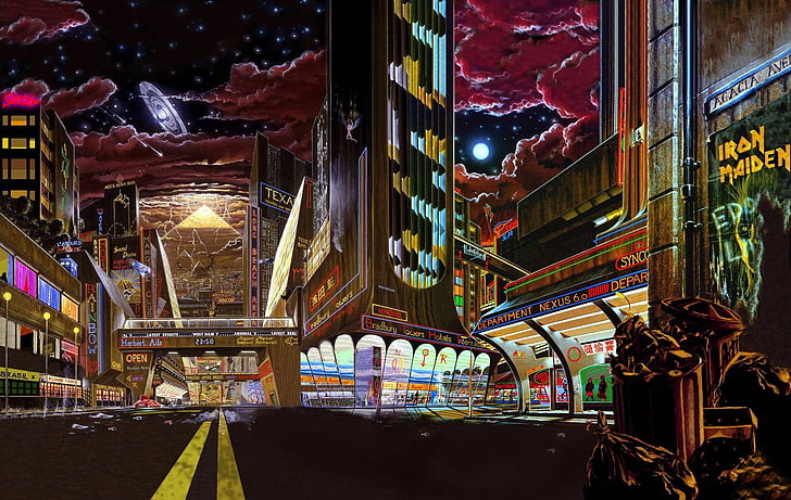 ciudad de noche, ciudad, noche estrellada, futurista, arte digital, ciencia ficción, Iron Maiden, música, Somewhere in Time, portadas de álbumes, Fondo de pantalla HD