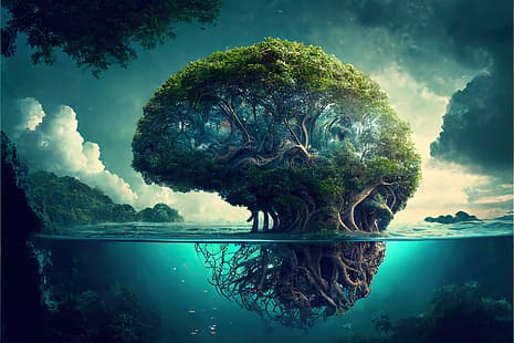 Midjourney, мозг, деревья, вода, HD обои HD wallpaper