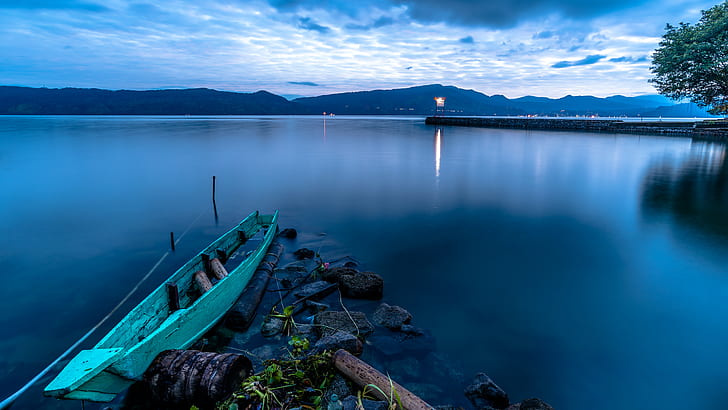 lake, stones, coast, boat, the evening, pier, logs, barrel, Indonesia, Sumatra, Lake Toba, HD wallpaper