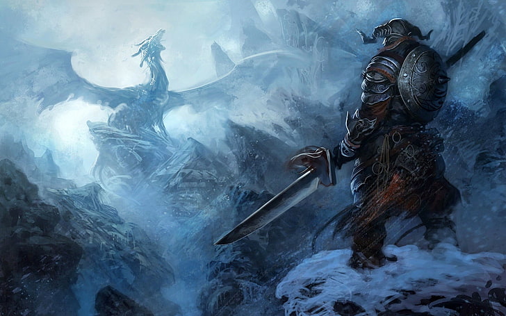 Elder Scrolls V: Skyrim, The Elder Scrolls, ศิลปะแฟนตาซี, มังกร, งานศิลปะ, ดาบ, วอลล์เปเปอร์ HD