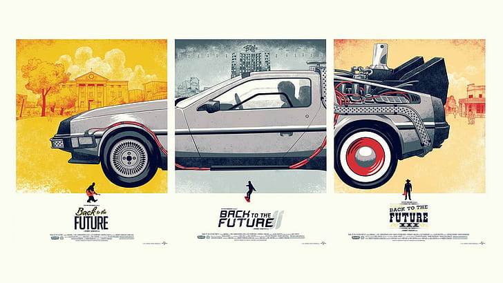 DeLorean в три филма HD, обратно в бъдещето, delorean, три, тройно, HD тапет