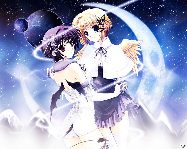 anime wallpaper, girls, hugging, moon, space, light, HD wallpaper