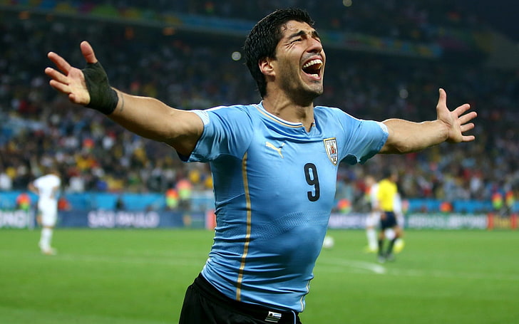 camicia blu da uomo in jersey 9, luis suarez, uruguay, coppa del mondo 2014, Sfondo HD