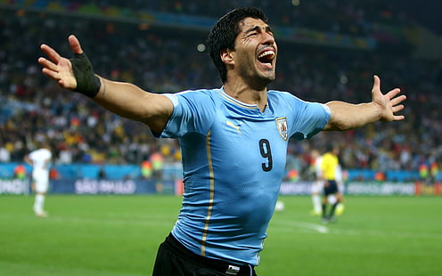 męska niebieska koszulka z 9 jerseyem, luis suarez, urugwaj, mistrzostwa świata 2014, Tapety HD HD wallpaper