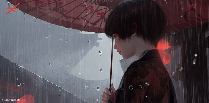 WLOP, Ghost + Blade, аниме девушки, зонт, HD обои
