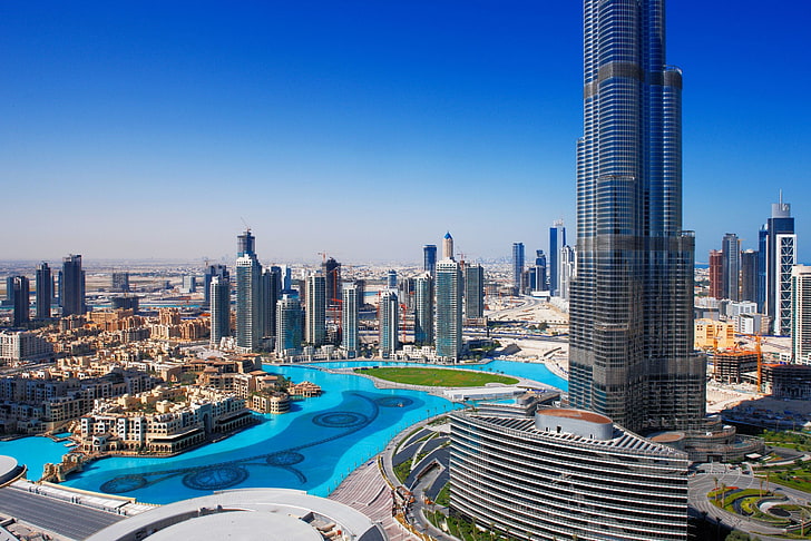 високи сгради, град, дом, панорама, Дубай, небостъргачи, градове, Бургас Калифа, фонтан., HD тапет