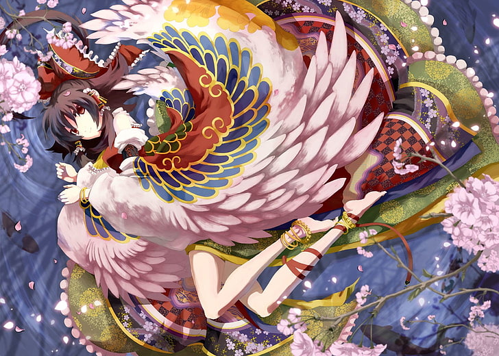 female anime character digital wallpaper, Anime, Touhou, Feather, Flower, Girl, Gypsy, Reimu Hakurei, HD wallpaper