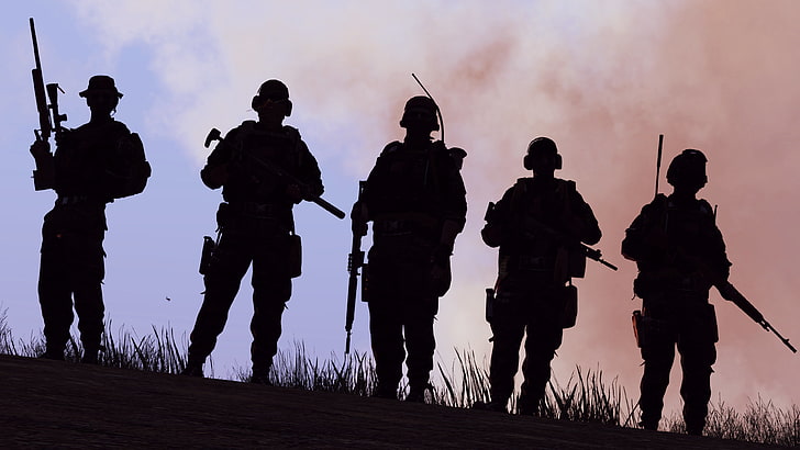 silueta de fondo de pantalla digital de cinco soldados, armas, el juego, soldados, ARMA 3, Fondo de pantalla HD