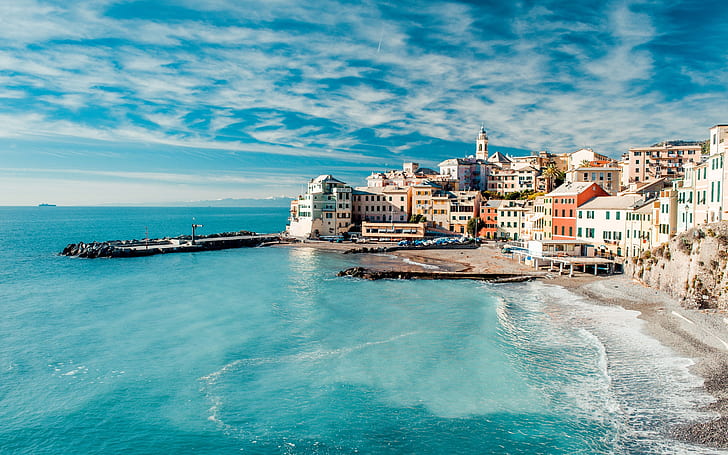 İtalya, Cinque Terre, güzel deniz kıyısında manzara, evler, gökyüzü, bulutlar, İtalya, Cinque, Terre, güzel, deniz, sahil, manzara, evler, gökyüzü, bulutlar, HD masaüstü duvar kağıdı