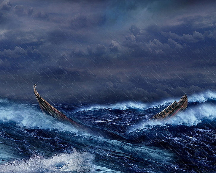 ilustrasi kapal coklat, laut, ombak, badai, perahu, Wallpaper HD