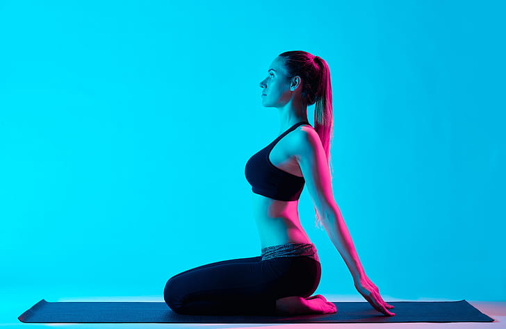 model, pose, workout, yoga, lighting effects, HD wallpaper