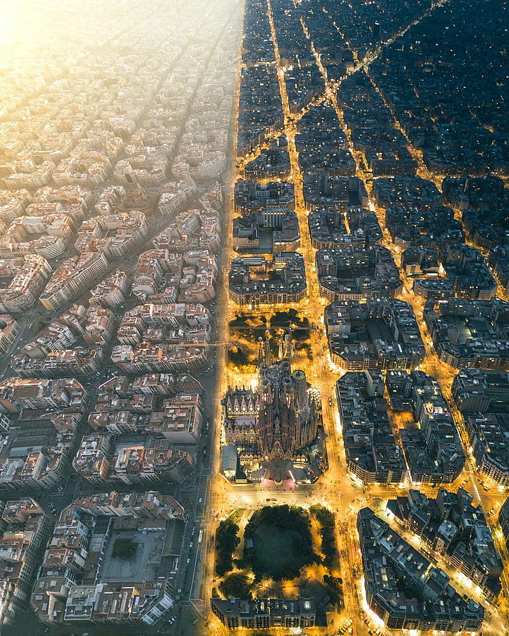 Aerial View, architecture, Barcelona, building, Cityscape, night, Portrait Display, Spain, split view, street, sunlight, HD wallpaper