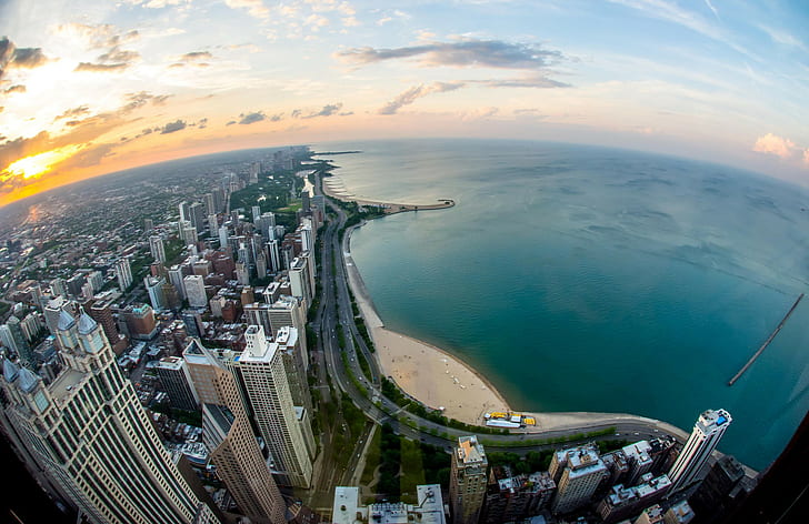Twisty Чикаго, въздушен изглед на град с високи сгради, шофиране на брега на езерото, ветрове, Голд Коуст, езеро Мичиган, кула Джон Ханкок, залез, Чикаго, HD, HD тапет