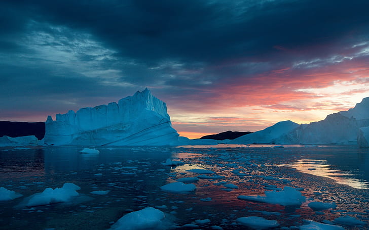 Groenland, neige, glace, coucher de soleil, mer, Groenland, neige, glace, coucher de soleil, mer, Fond d'écran HD
