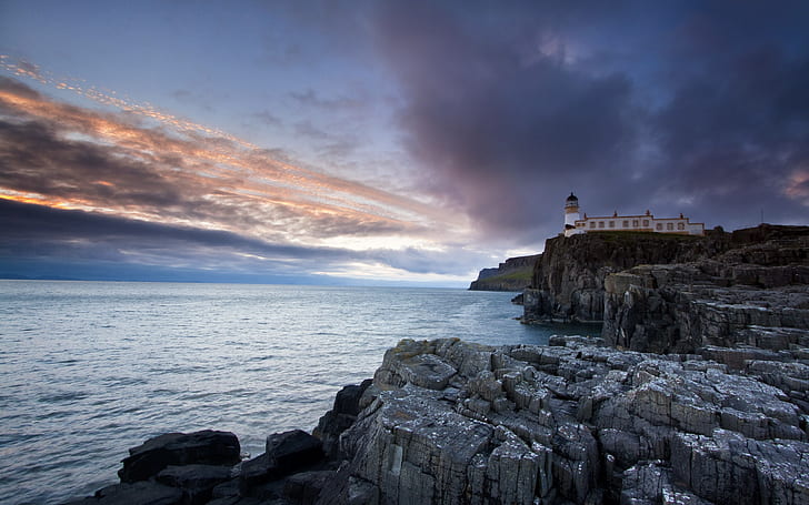 Neist Point Lighthouse, Isle of Skye, lighthouse, sea, rocks, dusk, Neist, Point, Lighthouse, Isle, Skye, Sea, Rocks, Dusk, HD wallpaper
