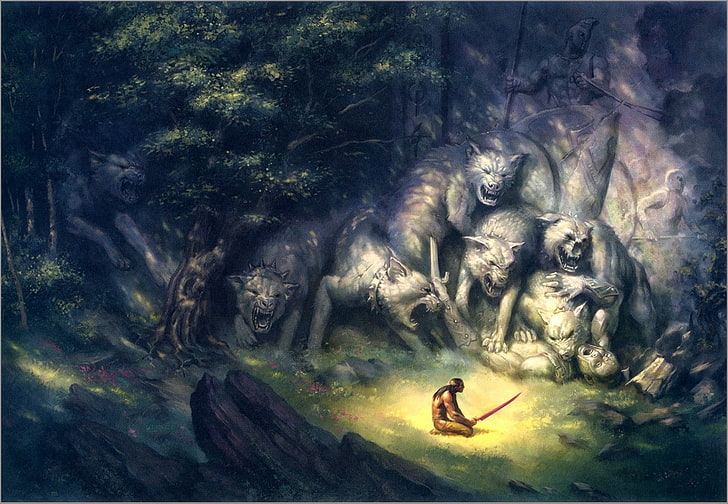 Obra de arte, guerrero, lobo, bosque, arte fantasía, Fondo de pantalla HD
