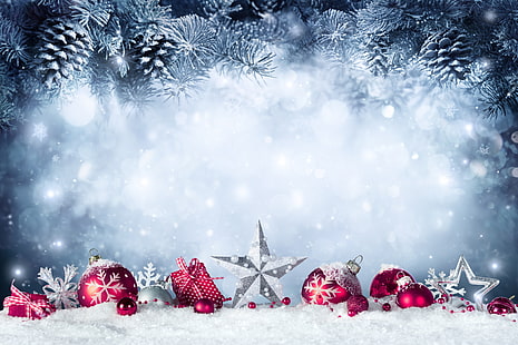 Dekorasi dinding Natal, Tahun Baru, Natal, bola, musim dingin, salju, selamat natal, hadiah, dekorasi, xmas, pohon cemara, Wallpaper HD HD wallpaper