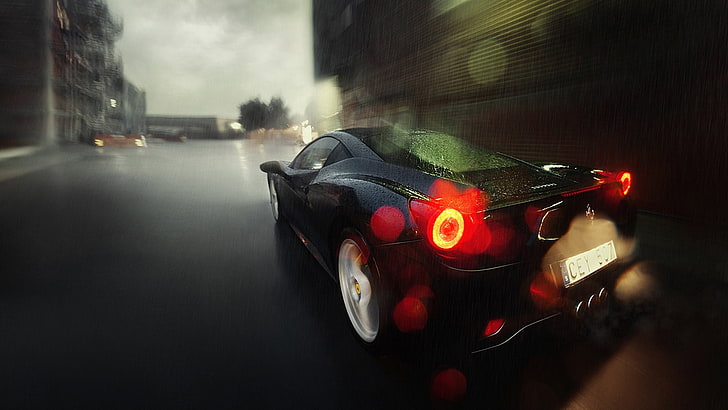 черно купе, Ferrari, Ferrari 458, кола, дъжд, превозно средство, градско, улица, светлини, HD тапет