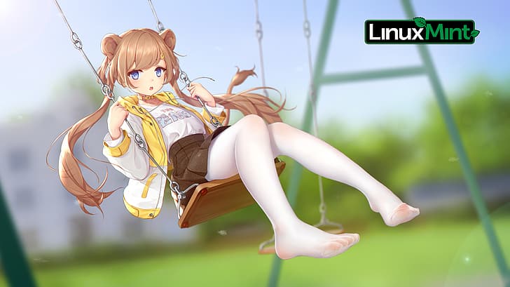Linux, Linux Mint, Anime Mädchen, Zöpfe, Füße, Strumpfhosen, Blondine, Nylonstrümpfe, Anime, HD-Hintergrundbild