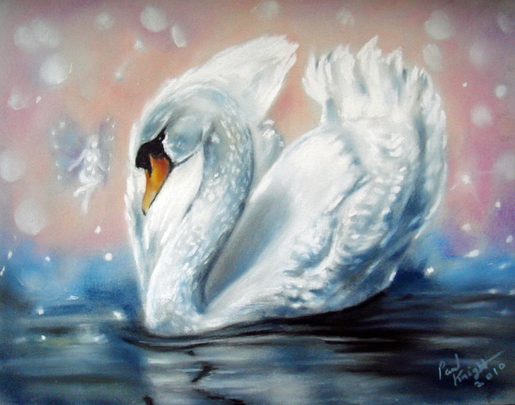 white swan painting, white, water, wings, fairy, Swan, painting, HD wallpaper