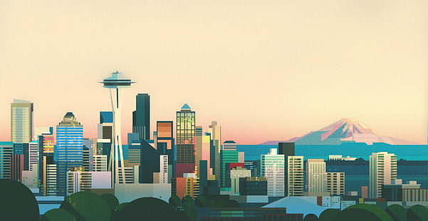 Города, Сиэтл, Архитектура, Здание, Город, Минималист, Небоскреб, США, HD обои HD wallpaper