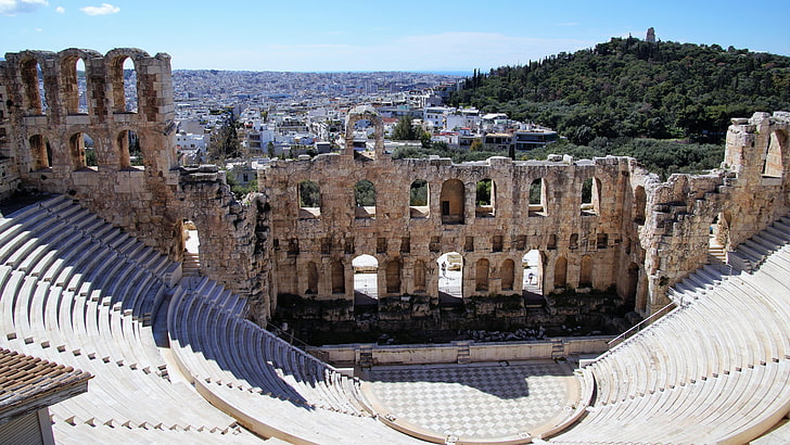 史跡、円形劇場、観光名所、ランドマーク、古代史、建物、ヘローデスアッティクスのオデオン、アクロポリス、都市、空、ユネスコ世界遺産、歴史、観光、アテネ、ギリシャ、 HDデスクトップの壁紙