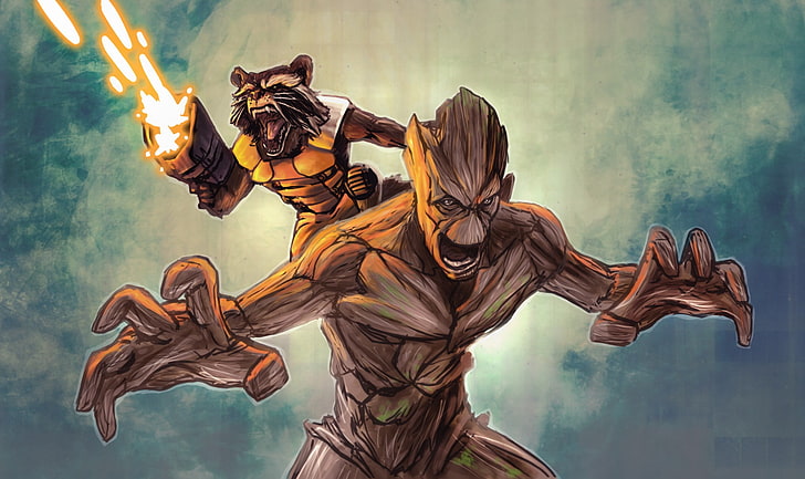 Marvel Guardians of the Galaxy Groot and Rocket илюстрация, Ракета, миеща мечка, Groot, пазители на галактиката, HD тапет