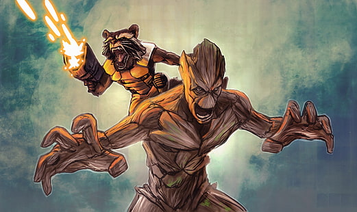 Marvel Guardians of the Galaxy Groot and Rocket illustration, Rocket, mapache, Groot, guardianes de la galaxia, Fondo de pantalla HD HD wallpaper