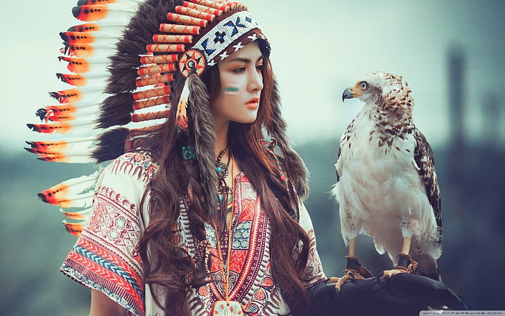 белый и бурый орел, женщины, женщины на природе, птицы, HD обои