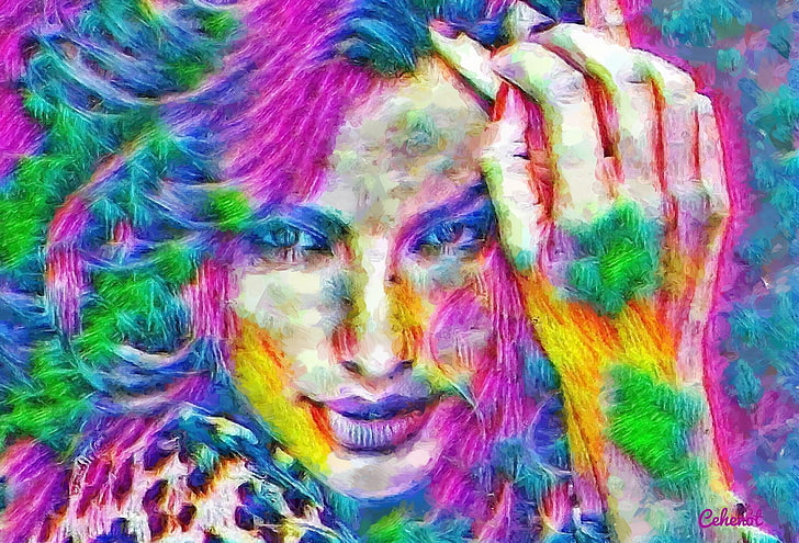 Madalina Ghenea, colorful, art, model, yellow, by cehenot, cehenot, abstract, green, painting, hand, face, portrait, pictura, pink, blue, HD wallpaper