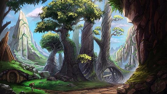 grüne Blätter Baum digitale Tapete, die Hobbits digitale Tapete, digitale Kunst, Zeichnung, Malerei, Landschaft, Natur, Wald, Bäume, DeviantArt, Fantasy-Kunst, HD-Hintergrundbild HD wallpaper