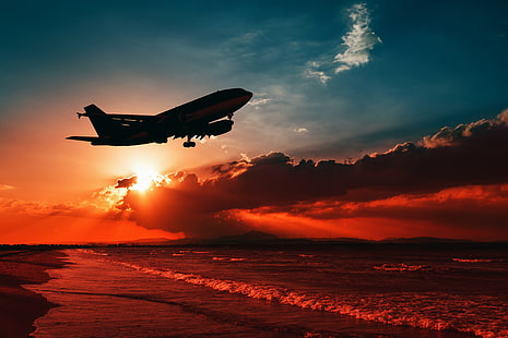 samolot pasażerski i wybrzeże, samolot, morze, zachód słońca, start, sylwetka, niebo, Tapety HD HD wallpaper