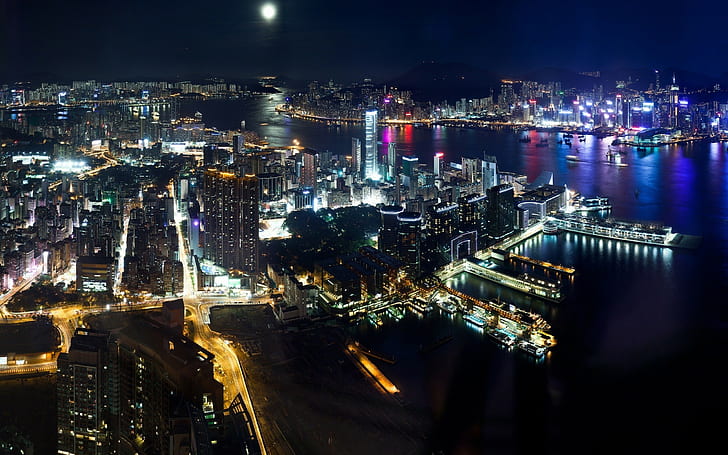 градски, град, архитектура, сграда, градски пейзаж, небостъргач, фотография, Хонконг, Виктория Харбър, нощ, пристанище, пристанища, HD тапет