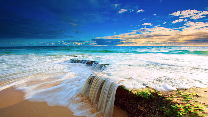 mar, cascada, paisaje, puesta de sol, fotografía, ola de playa, mar, cascada, paisaje, puesta de sol, fotografía, Fondo de pantalla HD