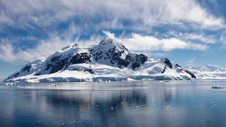 заснежена планина до водно тяло панорамна фотография, море, сняг, пейзаж, остров, HD тапет