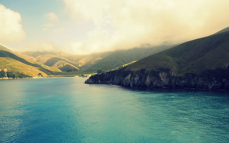 green mountain, New Zealand, sea, mountains, HD wallpaper