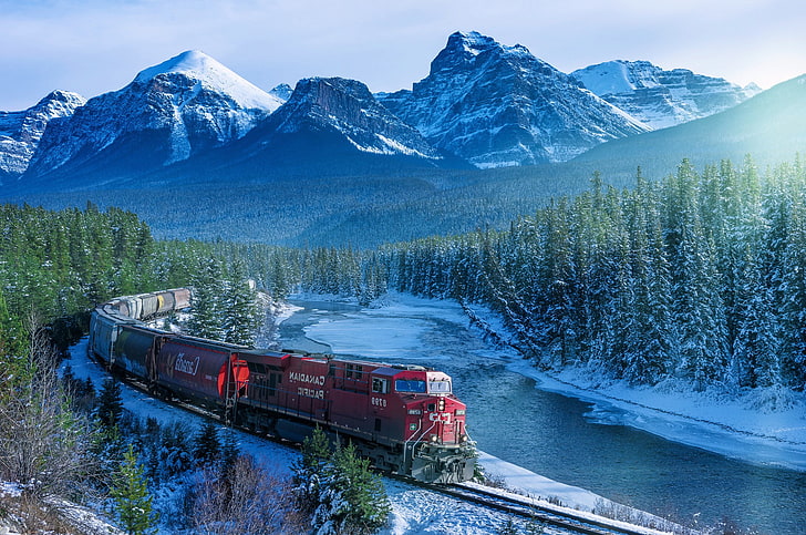 Canada, forest, ice, landscape, mountain, Railway, river, Rocky Mountains, snow, Snowy Peak, Train, Trees, HD wallpaper