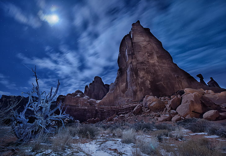 low angle photography of rock formation, arches national park, utah, arches national park, utah, Moonlight, Arches National Park, Moab, Utah, low angle, rock formation, night photography, stars, moon, HD wallpaper